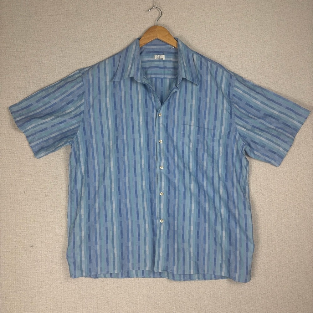 Vtg Maus & Hoffman Button Up Mens XXL Short Sleeve Blue Geometric Stripes Resort